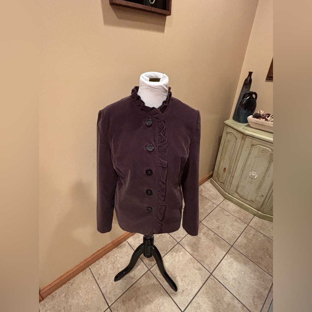 L.L. Bean Women's Ruffled Corduroy Button-Up Blazer Chocolate Brown Size 10